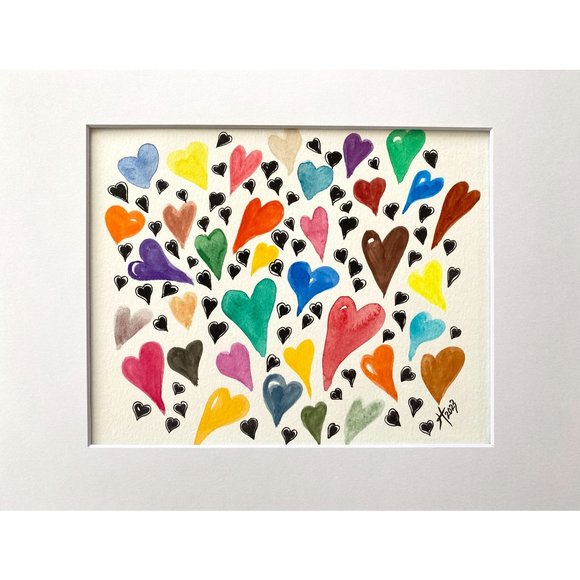 Cheeky Hearts - Original Art Watercolor Painting Frame Ready Matted Artwork 11”x - Picture 2 of 4